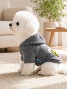 PETCIRCLE 1件寵物服飾 狗貓衣服 戶外室內穿著 小狗幼犬 春秋舒適套頭連帽衫 附帽印花運動衫系列 素色運動衫 - 煙灰色 + 熱轉印印花嘻哈狗 - 灰色 - 查看 2
