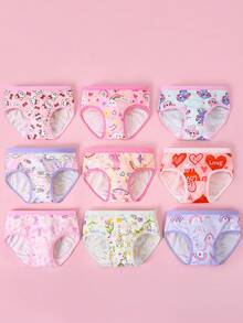 9pcs/Set Toddler Girls' Cute Cartoon Animal & Floral Print Briefs, Colorful Rabbit, Rainbow, Heart, Bow Decor, Suitable For Summer & All Seasons - Multicolor - View 1