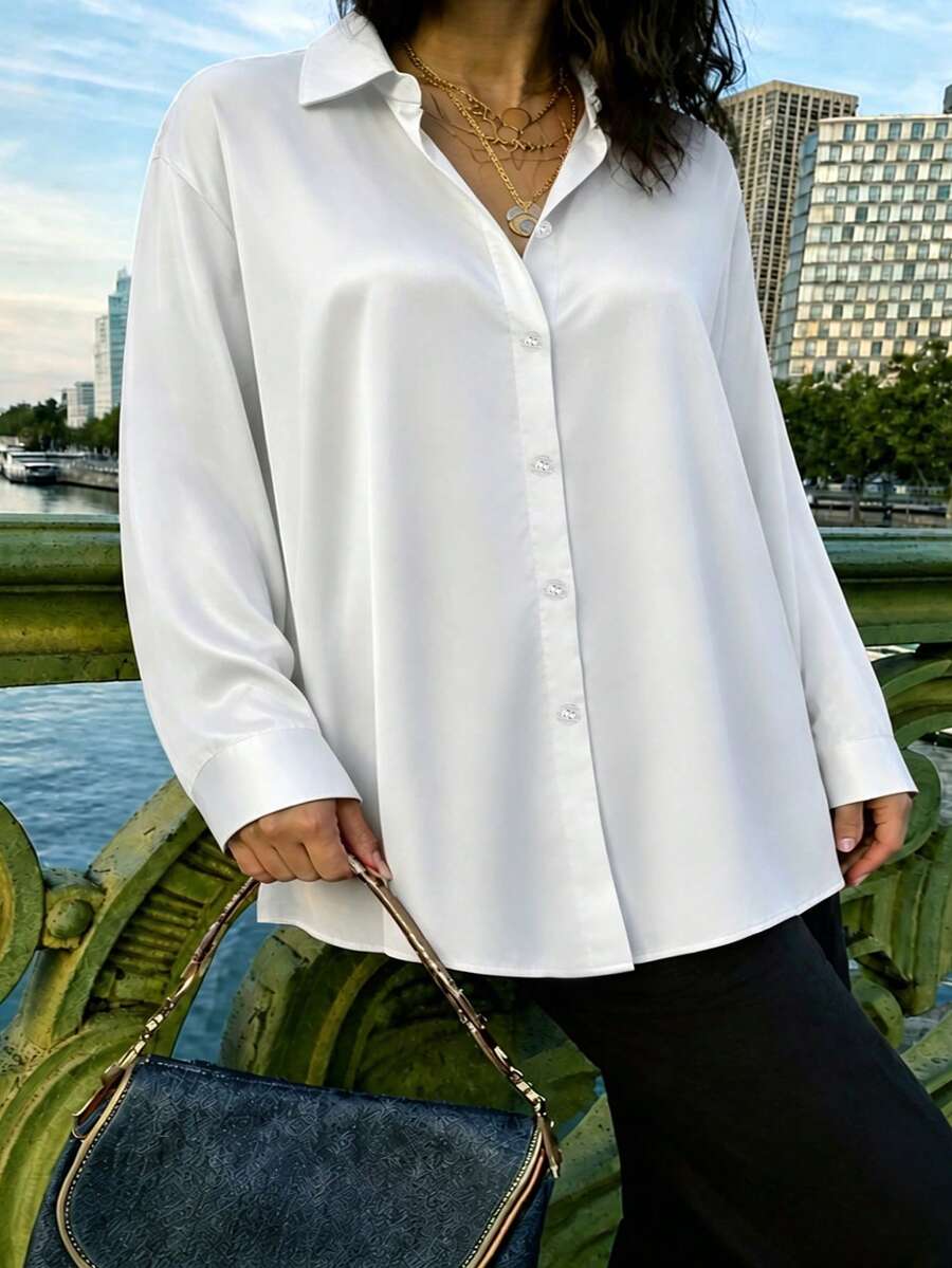 時尚女款緞面襯衫領寬鬆修身百搭優雅休閒白色襯衫 - 白色 - 查看 1