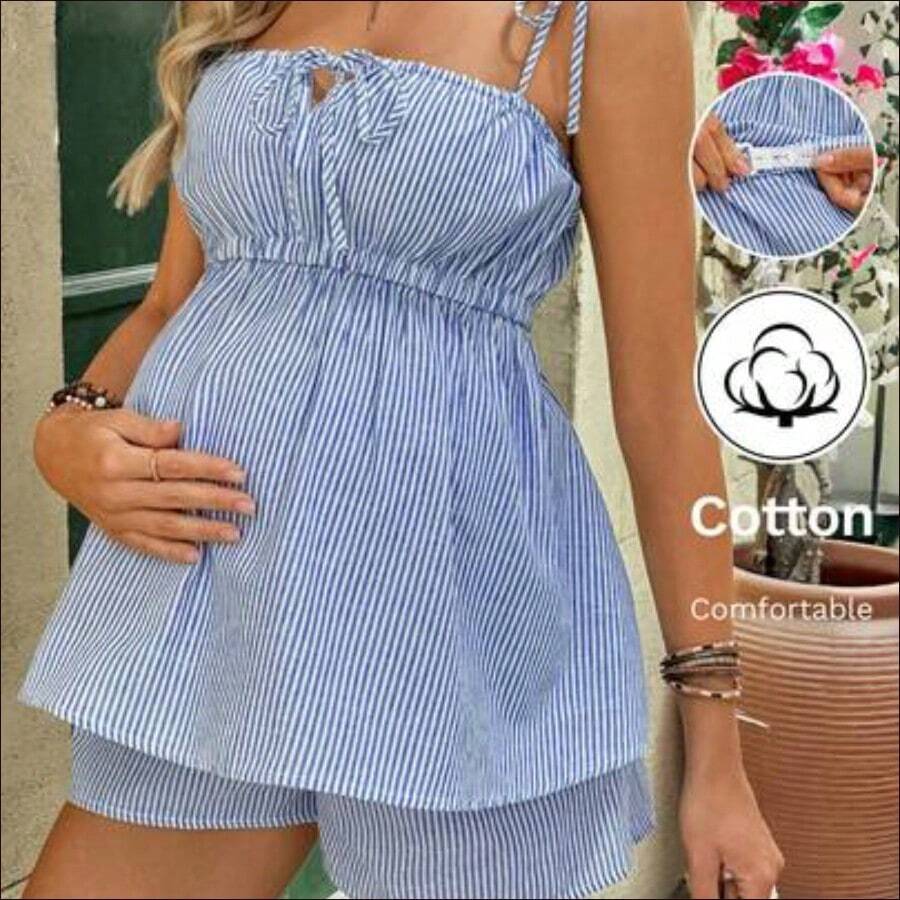 Lyckli Set casual de 2 piezas de camiseta de tirantes con nudo delantero y pantalones cortos de cintura ajustable para maternidad - Azul marino - Ver 1