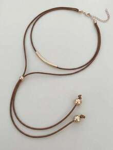 1pc Minimalist Vintage Brown Cord With Metal Ball Multilayer Y-Necklace, Suitable For Daily Wear, Party, And Vacation, Stylish - Brown Line + Gold Ball - View 2