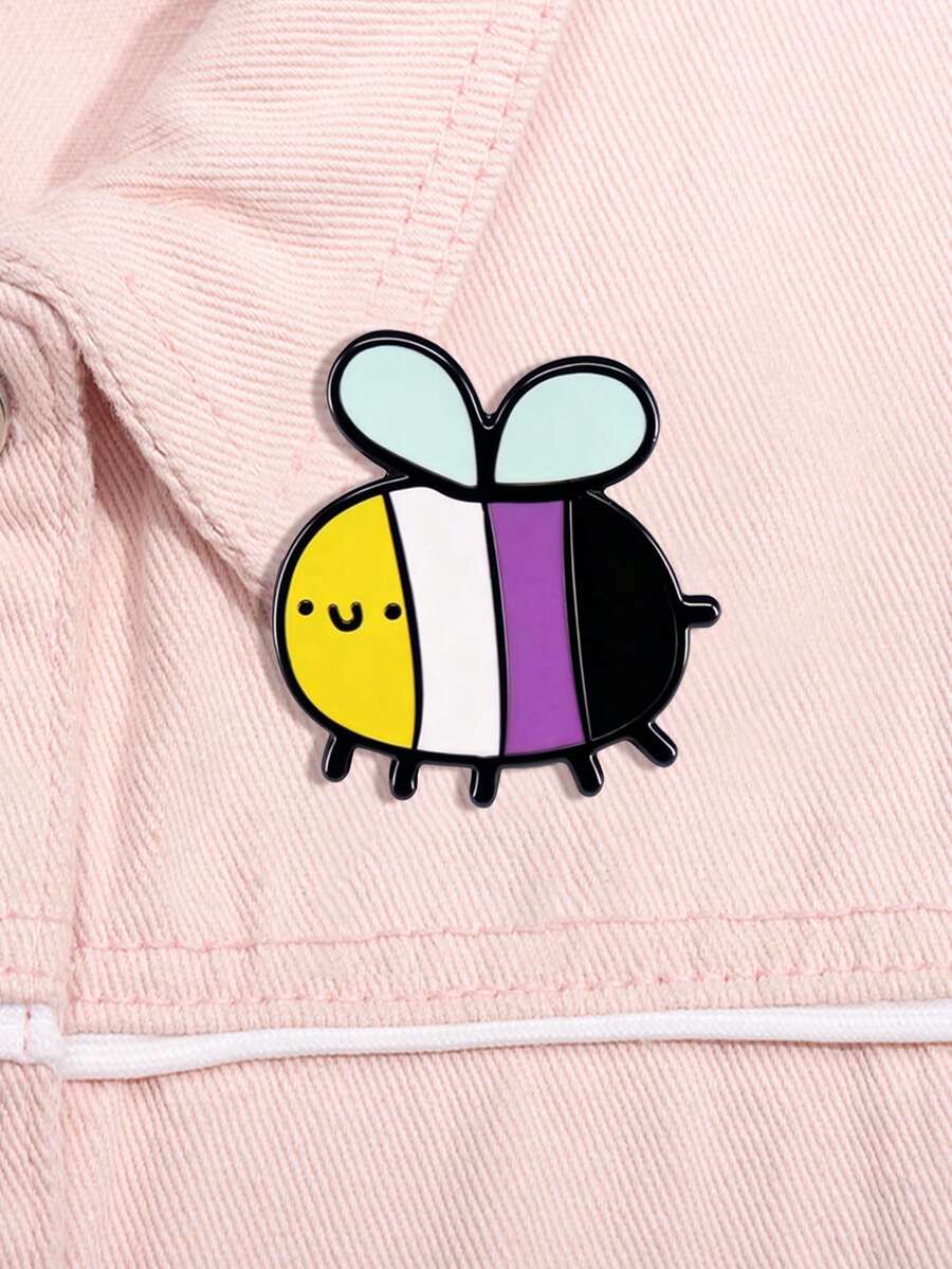 1pc Cute Non-Binary Pride Bee Enamel Pin, Yellow White Purple Black Striped Badge, Kawaii Accessory For Non-Binary And LGBTQ+ Community Allies - Multicolor - View 1