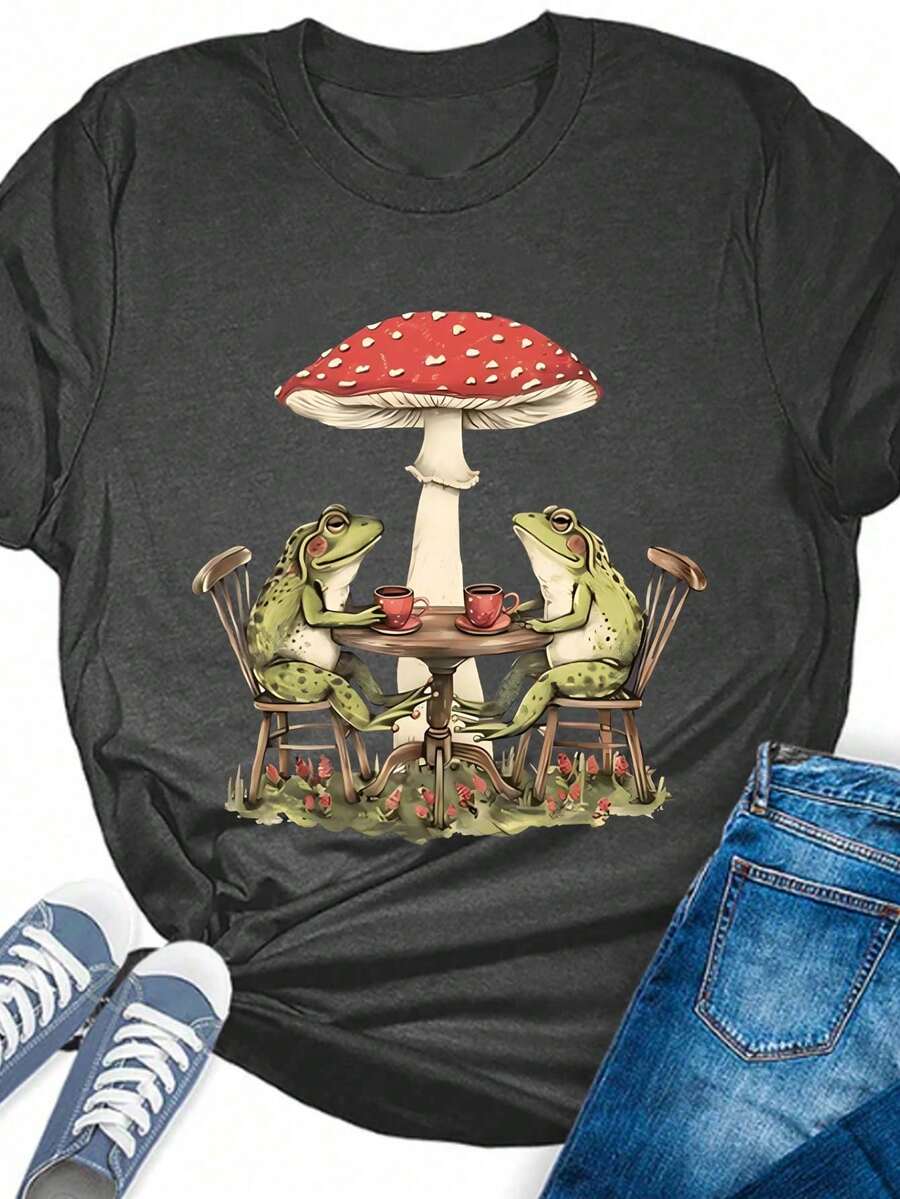 2026 T-Shirt Da Donna Taglie Forti Con Stampa Di Funghi, Girocollo, Maniche Corte, Casual, Per L'estate, Top Da Donna, T-Shirt Da Donna, T-Shirt Grafiche Da Donna, T-Shirt Oversi - 黑暗的 - 查看 1
