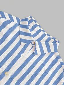Women's Pink Contrast Striped Loose Blouse, Elegant Top, Suitable For Commuting, Daily Wear, Valentine's Day, Spring/Summer - Blue and White - View 4