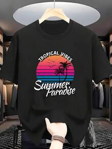 Camisetas de talla para hombre,% algodón, estilo tropical, estampadas, de cuello redondo y manga corta, con diseño de palmeras y atardecer, temática de verano. Camiseta cómoda y casual para el verano. - Negro - Ver 1