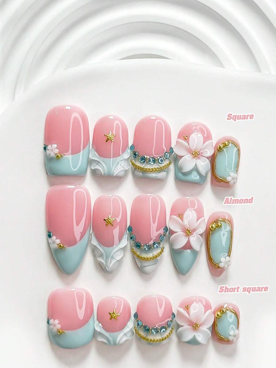 10pcs Jewelry Style Embossed Handmade Press-On Nails Set, Five-Petal Flower Design, Green Nail Polish, Elegant Style, Includes Nail Tools, 3 Sizes Available, Square/Short Square/Almond Shape, Suitable For Party, Dancing, Daily Wear - Multicolor - View 1