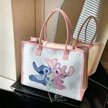 Miniso 迪士尼 Lilo & Stitch 史迪奇、天使與史克蘭波圓點帆布托特包，粉色滾邊大容量手提包，適合通勤、上學、旅行與購物 - 白色 - 查看 4