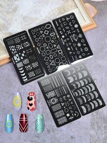 5pcs Nail Art Transfer Geometric Line French Flower Plaid Nail Stamping Templates DIY Nail Art Tools - Silver - View 6
