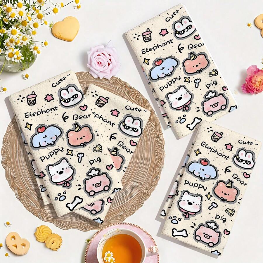 1pc/2Pcs/4Pcs Strawberry & Rabbit Printed Towels Ultra Soft Quick Dry High Water Absorbent Light Beige Towels With Lucky Letter Print Machine Washable Decorative Hand Towels For Kids Kitchen Bathroom - Multicolor - View 1