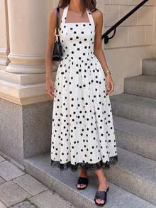 Abito midi da donna bianco a pois con scollo all'americana, orlo in pizzo, linea ad A, casual, elegante, da vacanza - Bianco e nero - Visualizzare 3