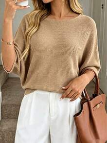Plus Size Solid Color Casual Round Neck 3/4 Sleeve Knit Top - Khaki - View 5