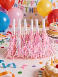 12pcs Party Blow Horns With Paper Streamers, Sequin Metallic Tassel Whistles And Streamers, Suitable For Birthday Party Gifts, Graduation Ceremony, New Year Accessories, Sports Events, Mermaid Theme Supplies - Pink - View 2