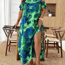 dagjydgfyja  Tall CURVE Vestido largo de mujer de talla grande con volantes en el hombro y el bajo, vestido largo para vacaciones en la playa, de tela texturizada lavada con aspecto de lino, suelto y cómodo y transpirable - Azul - Ver 11
