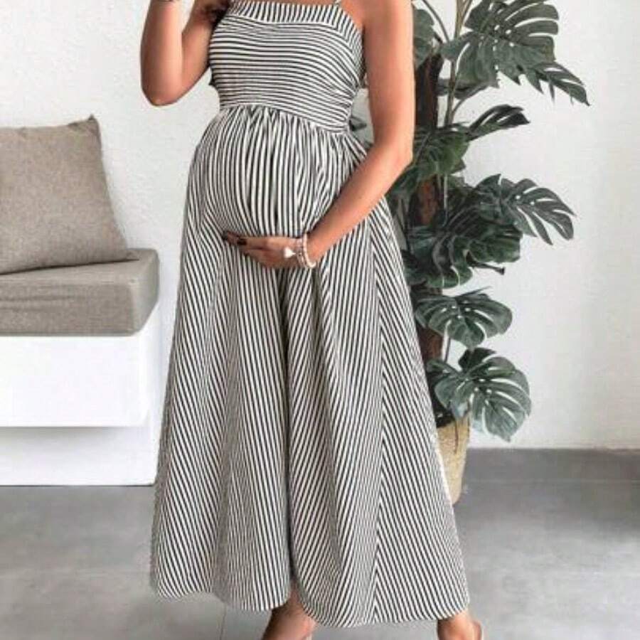 Vestido largo tipo camiseta a rayas de maternidad para vacaciones de verano - Multicolor - Ver 1