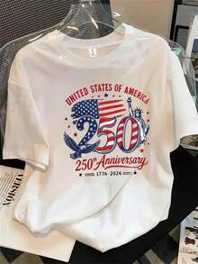 Camisa de mujer de manga corta y cuello redondo con estampado del logo que conmemora el 50 aniversario, apta para todas las estaciones. - Blanco - Ver 1