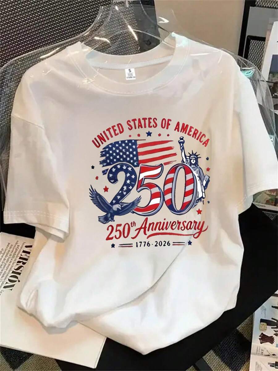 Camisa de mujer de manga corta y cuello redondo con estampado del logo que conmemora el 50 aniversario, apta para todas las estaciones. - Blanco - Ver 1