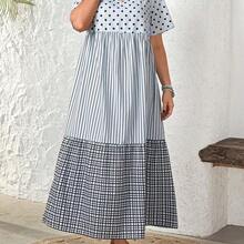 dagjydgfyja Rosumi Vestido de verano informal de talla grande con bloques de color, rayas, lunares y estampado a cuadros - Blanco y Negro - Ver 6