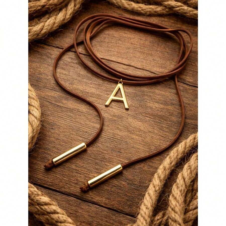 Leatherette Necklace With Personalized Letter, Gold Plated (N, Brown) - a - Ver 1