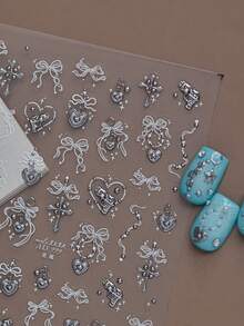 1 Sheet Waterproof Long-Lasting Nail Stickers, Metallic Silver Bow & Heart Design, Durable Self-Adhesive Decals For All-Season Daily Use - Multicolor - View 6