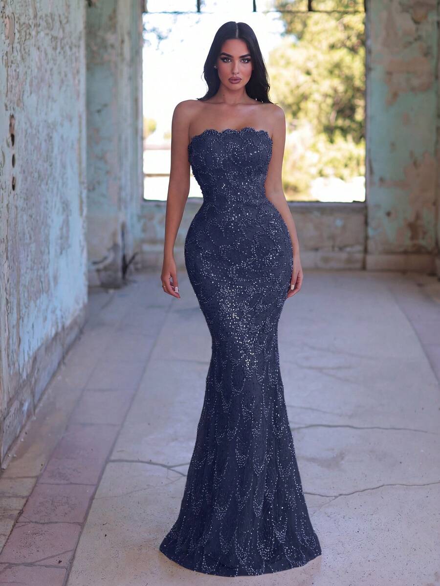Elegant Strapless Mermaid Evening Gown - Exquisite Beaded & Sequined Formal Dress Party Wedding Fall