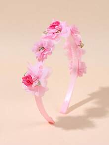 1pc Pink, Yellow, Purple Tulle Flower Headband With Chiffon Flowers, Gradient Roses And Rhinestone Decor, Cute Fashion Hair Accessory For Girls, Birthday, Party & Daily Wear - Multicolor - View 1