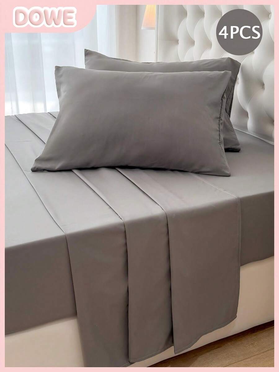 4pcs/Set, 100% Polyester, Solid Color, 35cm Deep Pocket Fitted Sheet, Bedding Set (2 Pillowcases + 1 Flat Sheet + 1 Fitted Sheet), All-Season Modern Bedding Set, Minimalist Style, Soft And Comfortable, Breathable - Fog Gray - View 1