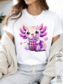 1 pièce T-shirt femme 100% coton personnalisé mignon kawaii axolotl thé aux perles boba impression graphique 2D col rond manches courtes toutes saisons - Blanc - Voir 1