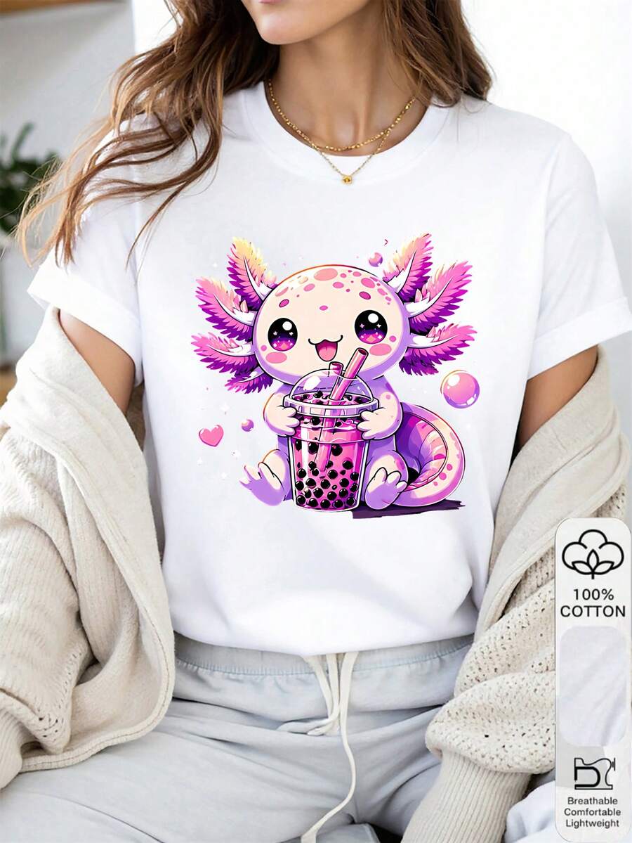 1 pièce T-shirt femme 100% coton personnalisé mignon kawaii axolotl thé aux perles boba impression graphique 2D col rond manches courtes toutes saisons - Blanc - Voir 1