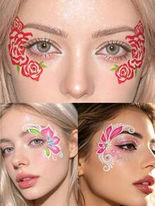 3 Sheets Flower & Acrylic Gems Face Stickers, Freckle Face Makeup Stickers Lovely Sweet Matt Finish Same As Face Painting Effect, Self-Adhesive Gem Stickers For Beauty Makeup,Party Festival Makeup Decoration - Multicolor - View 13