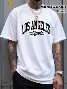 Camiseta de Hombre con Estampado de Los Ángeles, California - Diseño de Logotipo Oversized, Camiseta Casual de Manga Corta y Cuello Redondo en Blanco y Negro, Adecuada para Uso Casual, Deportivo y Conjuntos Temáticos - Lavable aáquina - Blanco - Ver 1