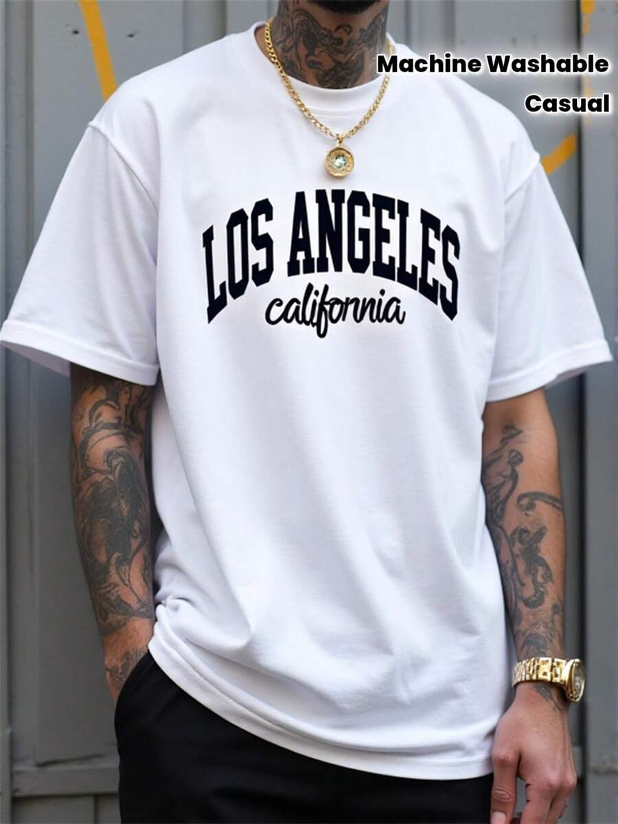 Camiseta de Hombre con Estampado de Los Ángeles, California - Diseño de Logotipo Oversized, Camiseta Casual de Manga Corta y Cuello Redondo en Blanco y Negro, Adecuada para Uso Casual, Deportivo y Conjuntos Temáticos - Lavable aáquina - Blanco - Ver 1