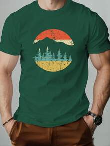 Camiseta de Verano para Hombre, Casual, de Cuello Redondo y Manga Corta con Estampado de Árbol - Negro - Ver 12
