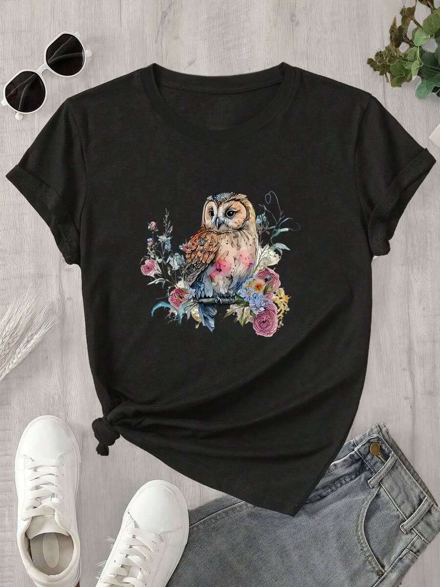 Top de mujer de cuello redondo y manga corta con estampado de búho en acuarela rodeado de flores, apto para todas las estaciones. - Negro - Ver 1