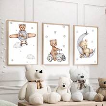 3件/套帆布裝飾畫 幼兒房牆面裝飾，泰迪熊幼兒房壁畫套裝，小熊幻想冒險場景（飛機上的飛行員、月亮上的睡熊、開車的小熊），點綴星空與雲朵圖案，中性風格兒童房裝飾，裝裱好可直接掛牆藝術版畫，適用於幼兒臥室、幼兒房、遊戲室藝廊牆、閱讀區、托兒所牆面裝飾和居家學習空間。亦是理想的嬰兒洗禮禮物，適合作為兒童生日禮物 - 彩色 - 查看 9