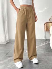 1pc Teen Girls Minimalist Loose Outdoor Sports Workout Personalized Solid Color Straight Leg Long Pants, Suitable For Spring/Summer/Autumn/Winter, Back To School - Khaki - View 5