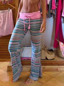 Pantalones retro multicolor rayas plegables de la cintura Flare pantalones de cintura de bajo nivel con cordón de tirar pantalones de corte de botas de ajuste suelto estilo hippie Y2K con patrón de rayas pastel, tela elástica y silueta casual inspirada en los años 70 para el uso cotidiano, festivales de música y estilo de la ropa callejera Boho - Rosa - Ver 1