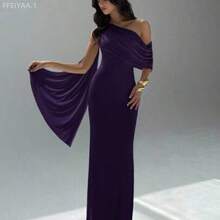 MewMuse.  Vestido elegante ajustado con cuello asimétrico de unicolor para mujer - Morado - Ver 1