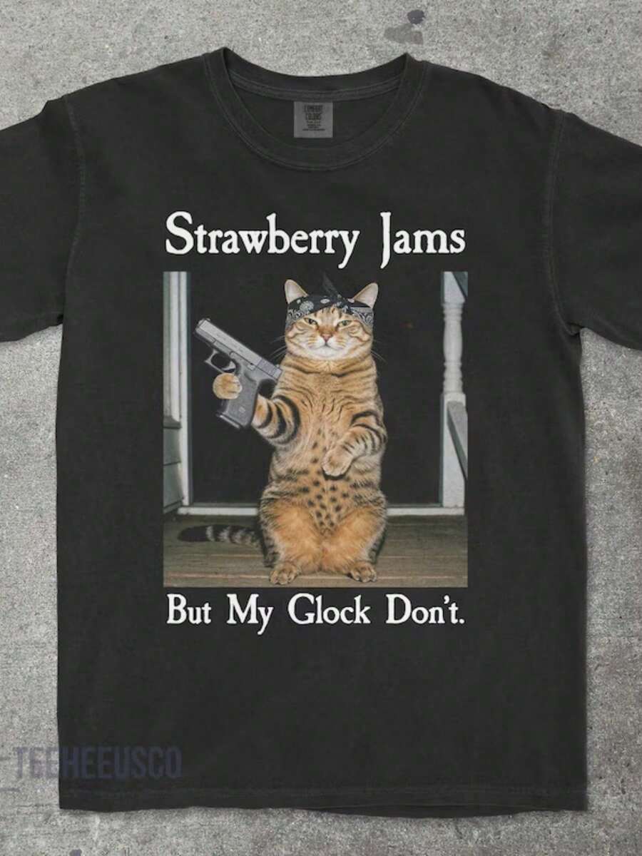 Strawberry Jam, But Not Mine, Funny Cat T-Shirt, Cat Mom T-Shirt, Funny Cat Meme T-Shirt, Gift For Cat Lovers, Vintage T-Shirt - 黑色 8 - 查看 1