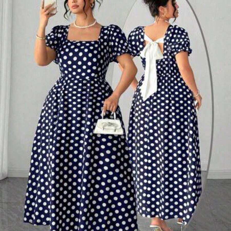 dagjydgfyja Vestido de manga corta con cuello de mariposa con lazo y estampado de lunares elegante y vintage para mujer de talla grande, primavera/verano - Azul marino - Ver 1