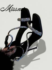 Silver Rhinestone Embellished Strap Peep Toe High Heel Sandals, Elegant French Style,Summer Sandals - Black - View 2