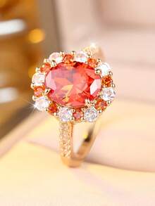 Vanel 1pc Luxurious 4-Prong Inlaid Super Shiny Round Pink Cubic Zirconia Decorative Ring, Suitable For Women's Daily Wear, Party & Date - Perfect Date Gift - Silver-red. - View 5