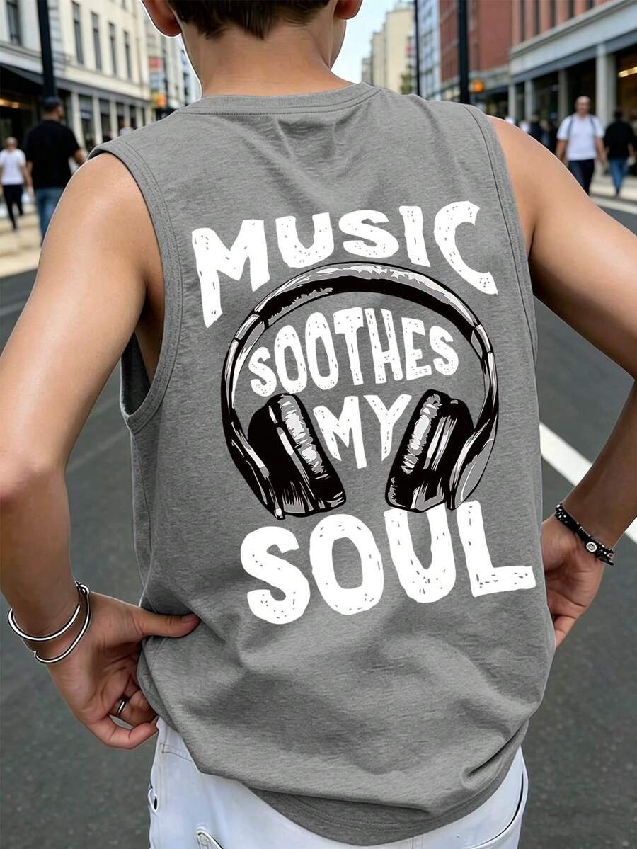 Camiseta de tirantes de cuello redondo con estampado de estilo musical y diseño de letras para niño preadolescente, nueva y cómoda para el verano - Gris - Ver 1