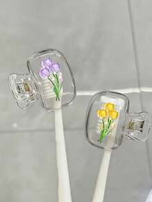 Flat Tulip-Shaped Toothbrush Holder, Cute Design Travel & Home Storage Box With Transparent Lid, Compact Portable Easy To Carry, Protects Toothbrush Head, Dual Drainage & Ventilation, Suitable For Home, Dorm And Travel | Cute Toothbrush Head Storage Box, Ideal Bathroom Storage Choice, Suitable For Home And Dorm - Multicolor - View 3