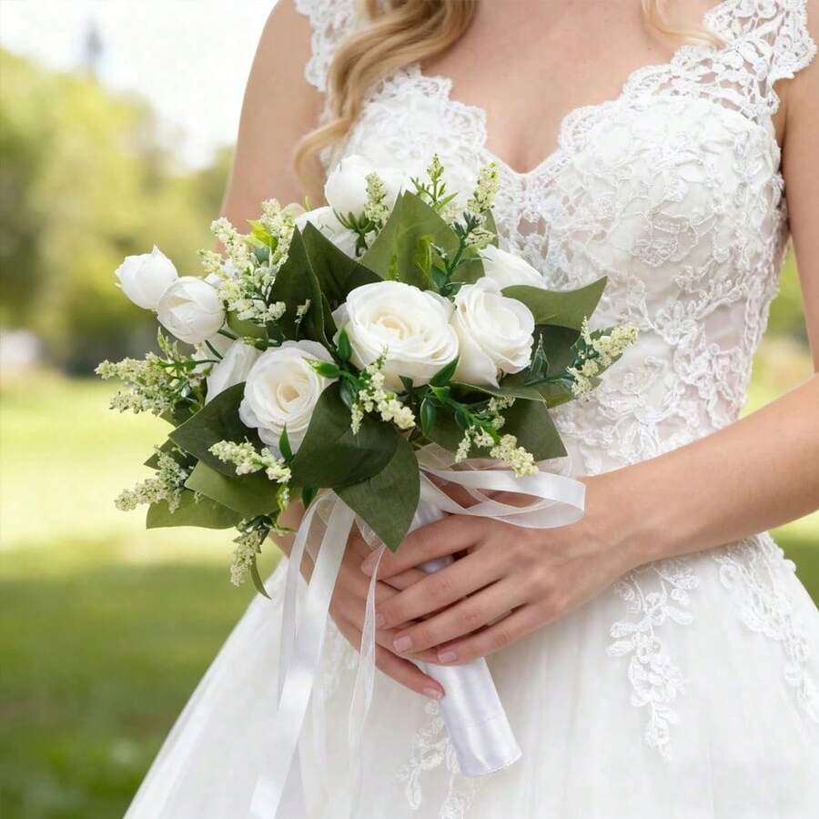 新娘婚禮花束、伴娘花束、人造象牙色花束、婚禮派對週年紀念晚餐桌中央裝飾、婚禮裝飾 - 彩色 - 查看 1