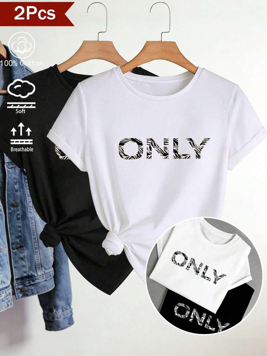 2026 Damen-T-Shirt Mit Zebra-Print Und Buchstabenmotiv Für Frühling/Sommer, Lässiges Kurzarm-Baumwoll-T-Shirt, Streetwear-Top Mit Y2K-Schriftzug, Modisches Sommer-T-Shirt, Women - 黑白 - 查看 1