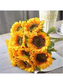1PC Artificial Sunflower Bouquet, Yellow Fake Flowers,Vintage Faux Silk Sunflowers, Long Stem Artificial Flower Bouquet For Home Decor, DIY Wedding Decor, Garden Outdoor Party Festival Gift Decor, Valentine's Day, Birthday Gift, Graduation Gift, Etc. - Yellow - View 1