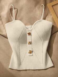 Camiseta de punto elegante con decoración metálica de unicolor para mujer - Blanco - Ver 1