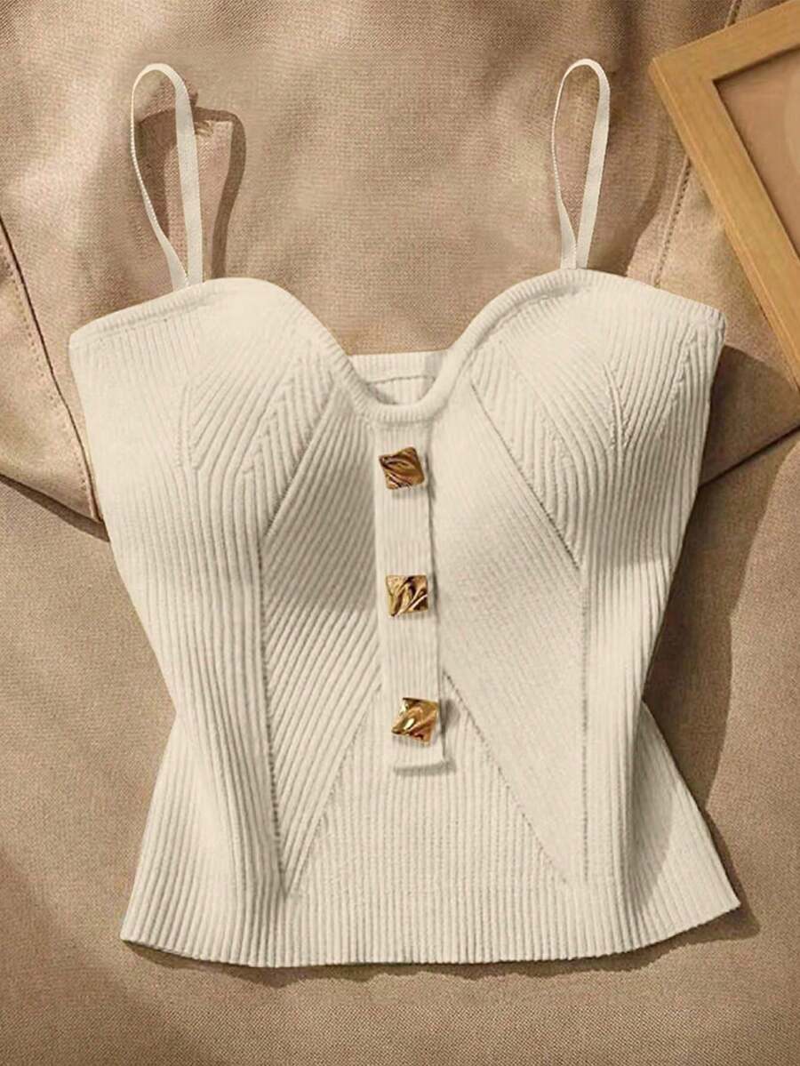 Camiseta de punto elegante con decoración metálica de unicolor para mujer - Blanco - Ver 1