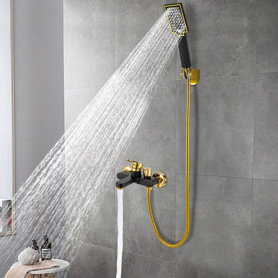 Bathtub Faucet With Hand Shower, Bathtub Shower Faucet With Valve, 3 Spray Patterns, G1/2 Thread, 1.5m Hose, Hand Shower For Bathroom (White Gold & Black Gold) - Black and Gold Version - View 1