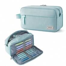1 pièce Sac de papeterie à main de couleur unie, trousse à crayons en tissu Oxford à double couche, pochette de papeterie portable avec double fermeture éclair, sac à crayons grande capacité pour les élèves du primaire, du collège, du lycée et de l'université, fournitures de rentrée scolaire - Multicolore - Voir 8